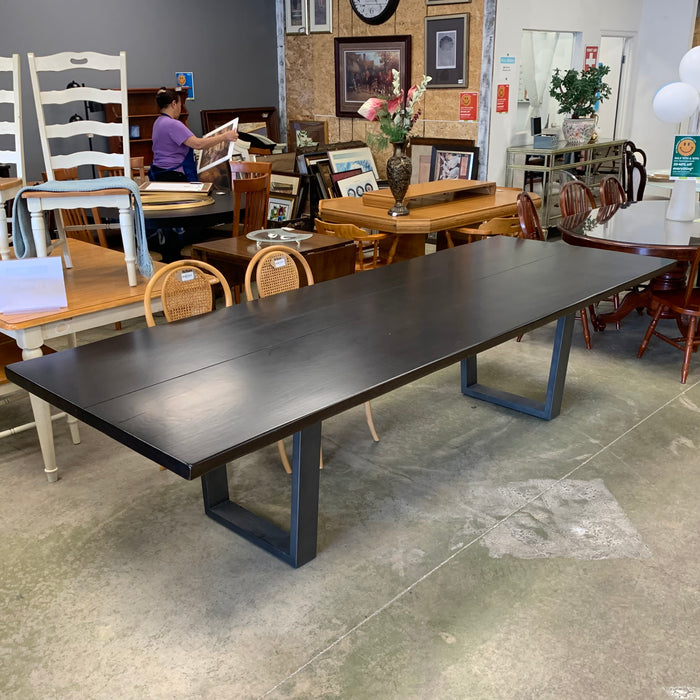 120-Inch W Summit Dining Table – Textured Dark Wood with Sculptural Base