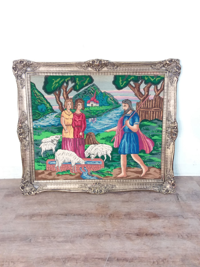 Framed Embroidery Of Shepherd & His Flock