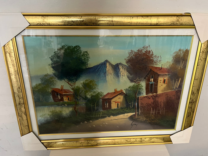 Framed Village Landscape Painting