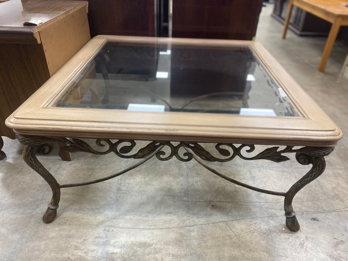 Tan and Glass Large Square Coffee Table