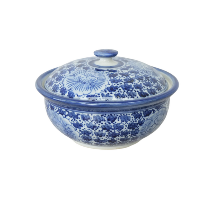 7-inch W Vintage Thai Blue & White Porcelain Lidded Bowl