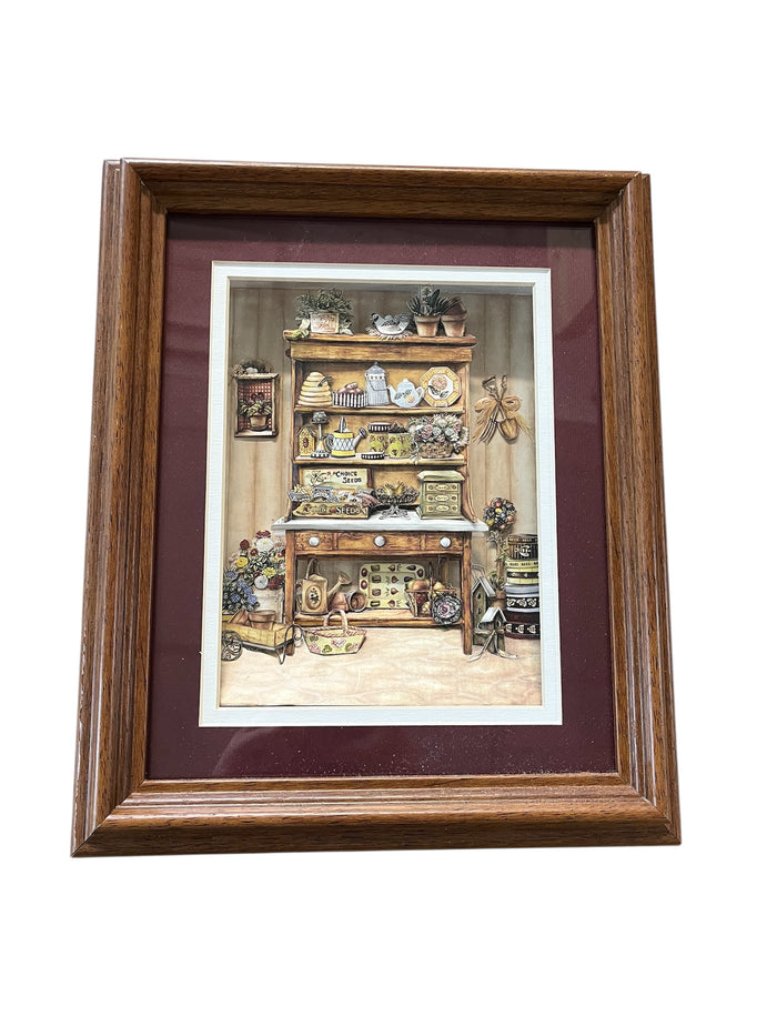 Rustic Farmhouse Pantry Diorama - Red Background on Chestnut Wood Frame