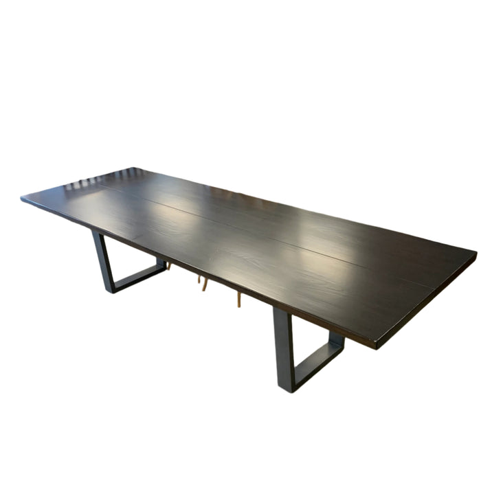 120-Inch W Summit Dining Table – Textured Dark Wood with Sculptural Base