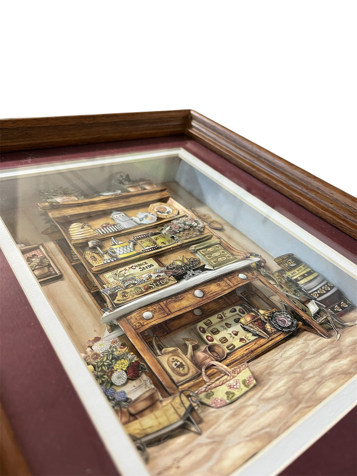 Rustic Farmhouse Pantry Diorama - Red Background on Chestnut Wood Frame