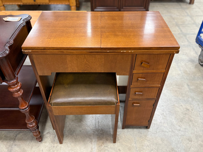 Small Honey Brown Sewing Table w/ Sewing Machine