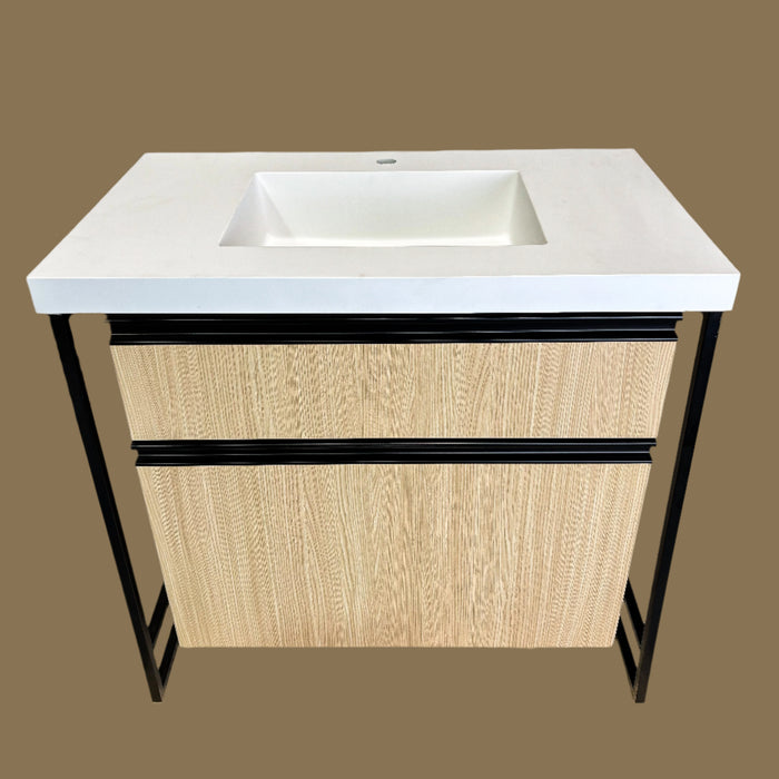 Wooden Vanity with Metal Frame & 1-H Countertop – 36-Inch W