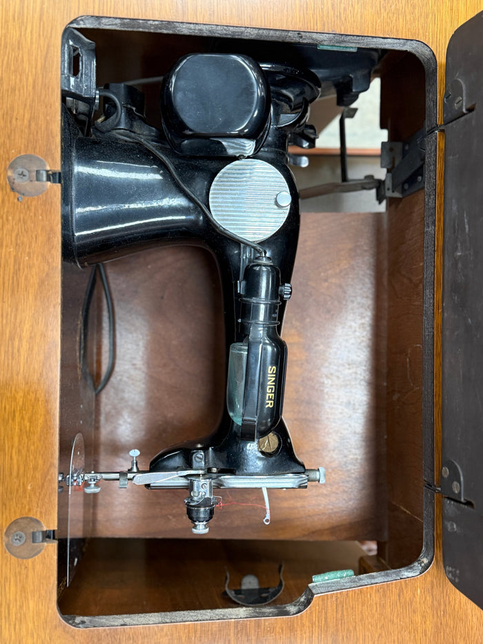 Small Honey Brown Sewing Table w/ Sewing Machine