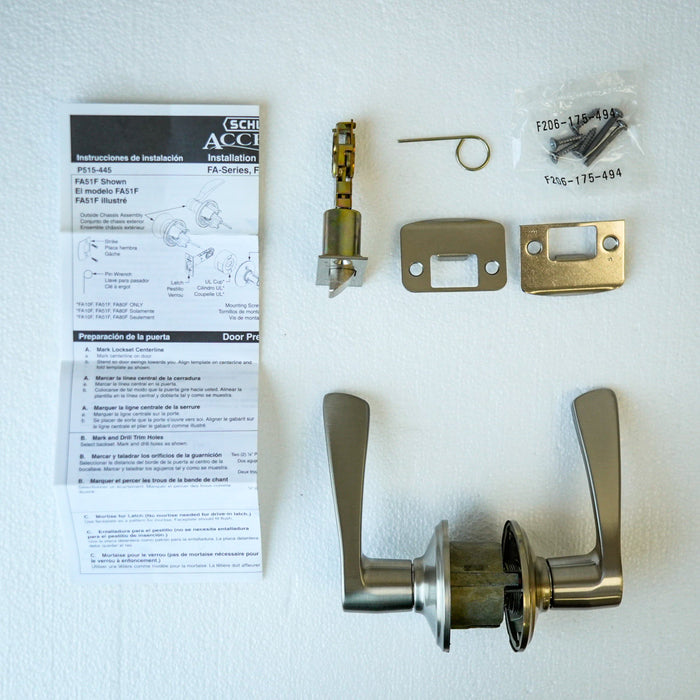 Schlage F10 MER 619 Passage Lever – Merano Style, Satin Nickel