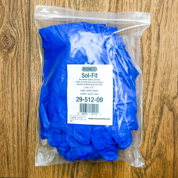 Sol-Fit Unlined Nitrile Gloves – 12-pairs, 9 mil, Blue, Large, 29-512-09