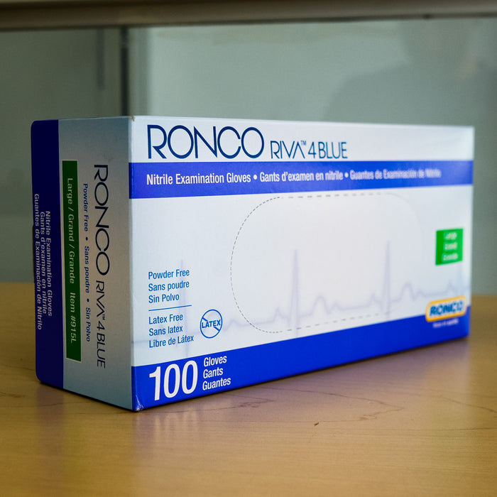 RONCO RIVA 4 Blue Nitrile Gloves, Dispenser Pack of 100, Large, Powder-Free, 915L