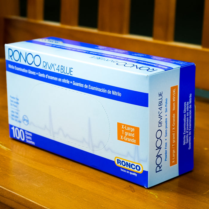 RONCO RIVA 4 Blue Nitrile Gloves, Dispenser Pack of 100, Extra-Large, Powder-Free, 915XL