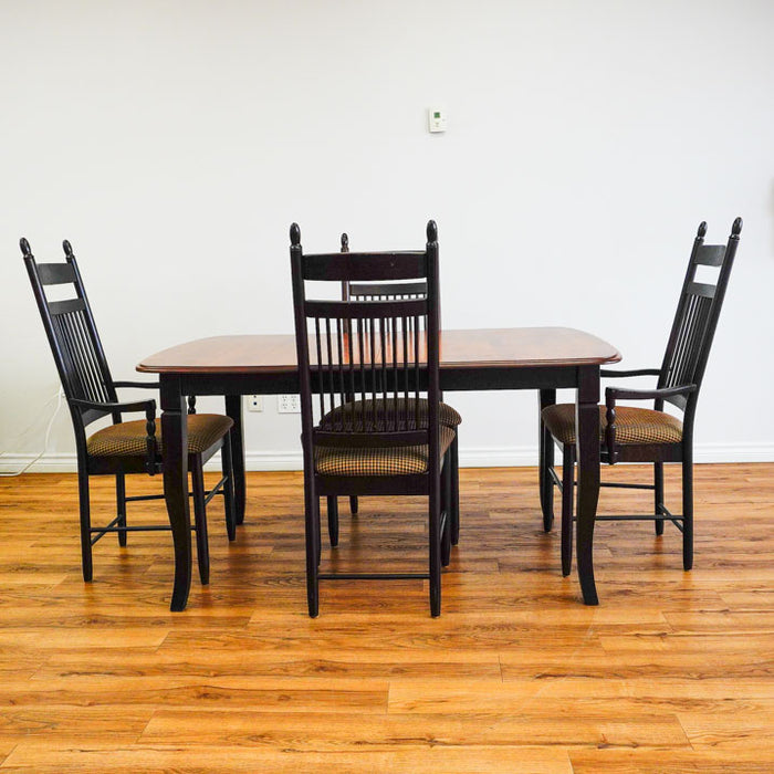 60-80-Inch Dining Table in Dark Wood with Leaf and 4 High-back Chairs