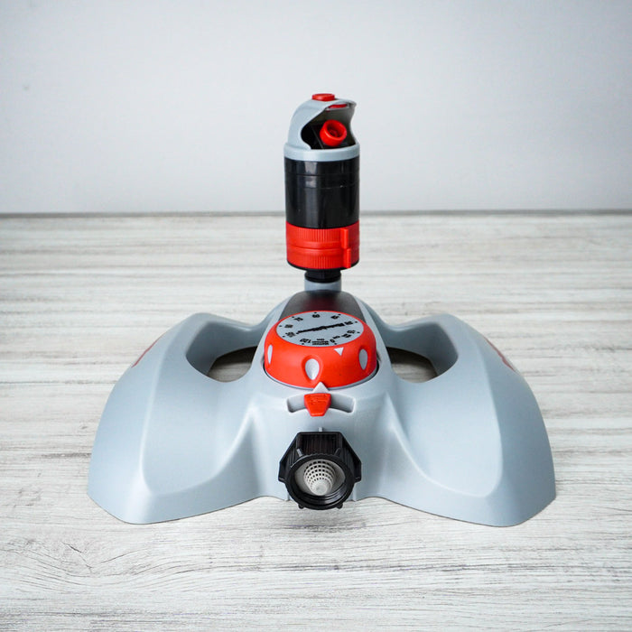 10-Inch Rainwave Multi-Pattern Rotary Sprinkler in Red with Timer on Base