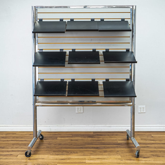 Metal Frame Rolling Slatwall with 9 Document Shelves Each Side