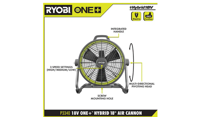 RYOBI 18V ONE+ Hybrid 18 -inch Air Cannon Drum Fan