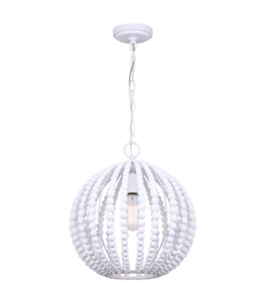 POLLY 1-Light Matte White Chandelier with Real Wood Beads