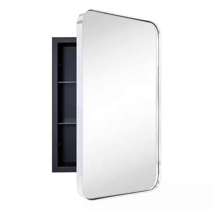 Rounded Rectangular Silver Stainless Steel Recessed Framed Medicine Cabinet