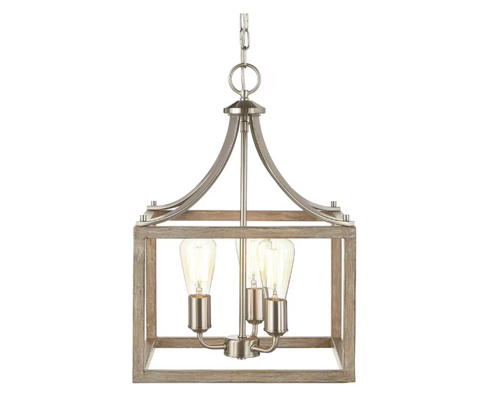 14-inch 3-Light Brushed Nickel Pendant Light Painted Weathered Gray Wood Accents