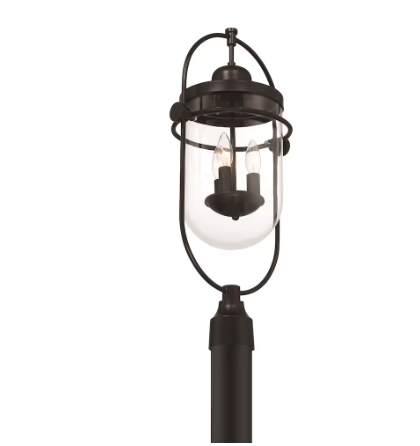 3-Light 10-inch H Outdoor Post Mount Lantern Light Black Metal Finish with Clear Glass