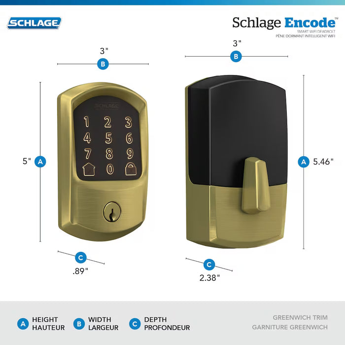Schlage Encode Smart Lock Wifi Deadbolt Greenwich Satin Brass