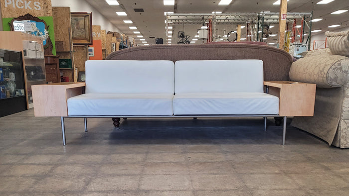 White Leather Couch With Wooden Arms