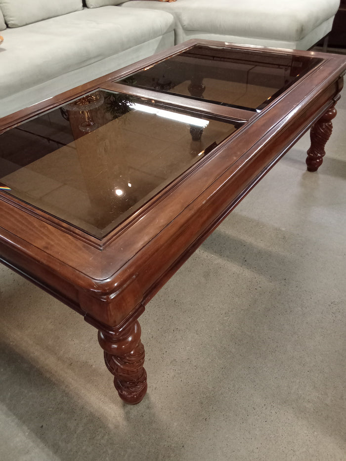 52"W Wooden Coffee Table with Glass Top