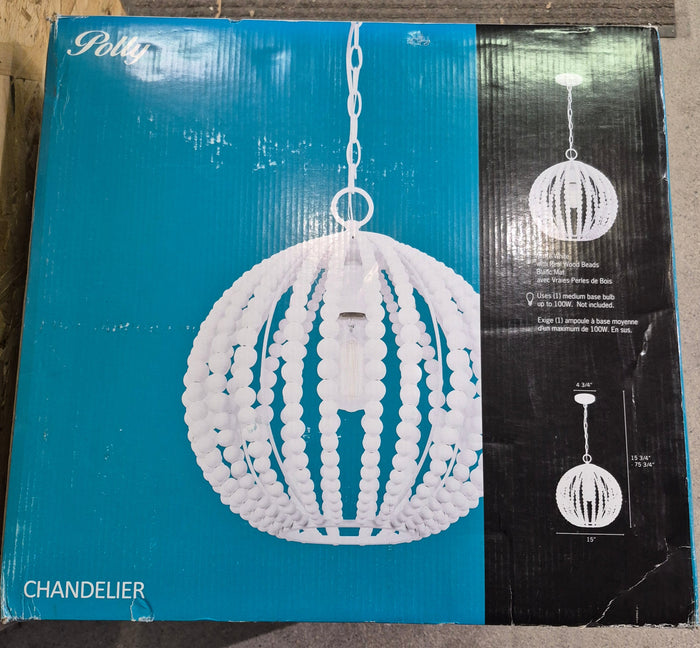 POLLY 1-Light Matte White Chandelier with Real Wood Beads