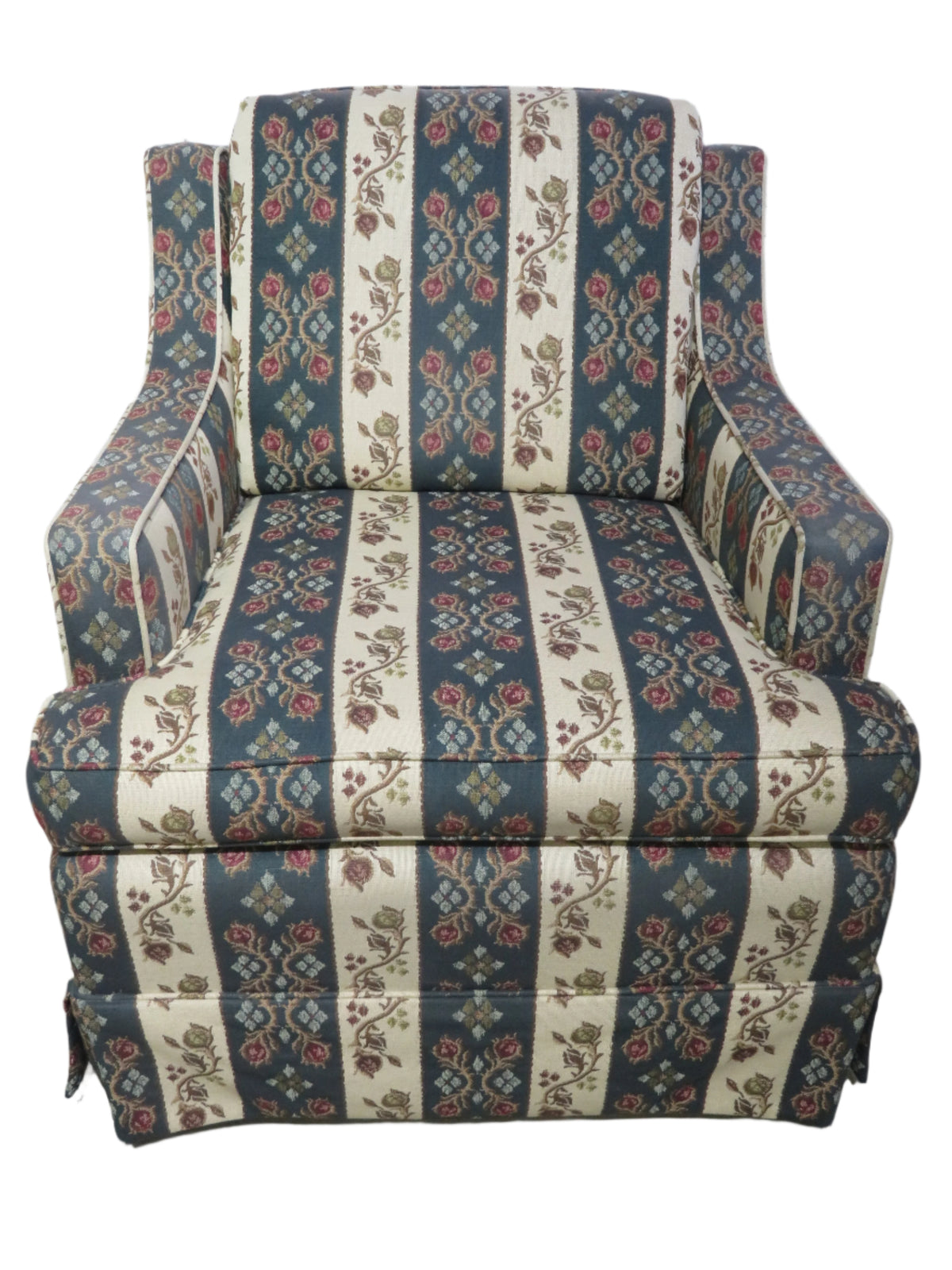 Green and White Striped Swivel Armchair with Floral Pattern