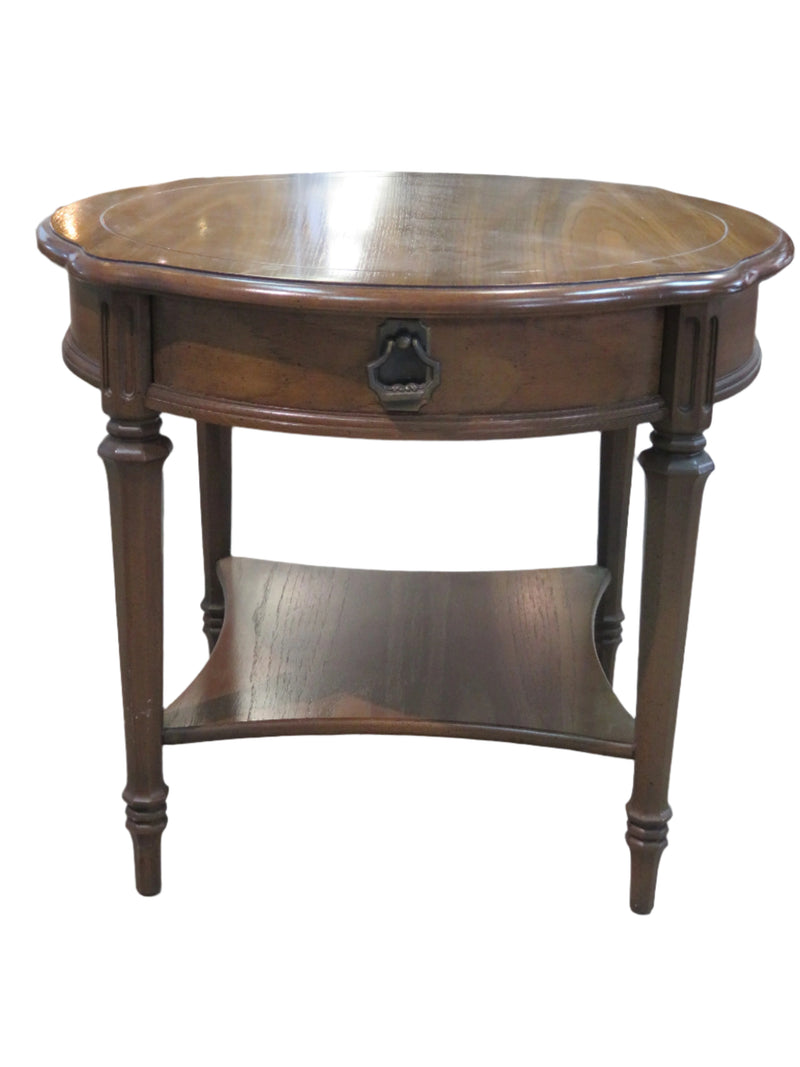 Round Side Table with Shelf and Drawer