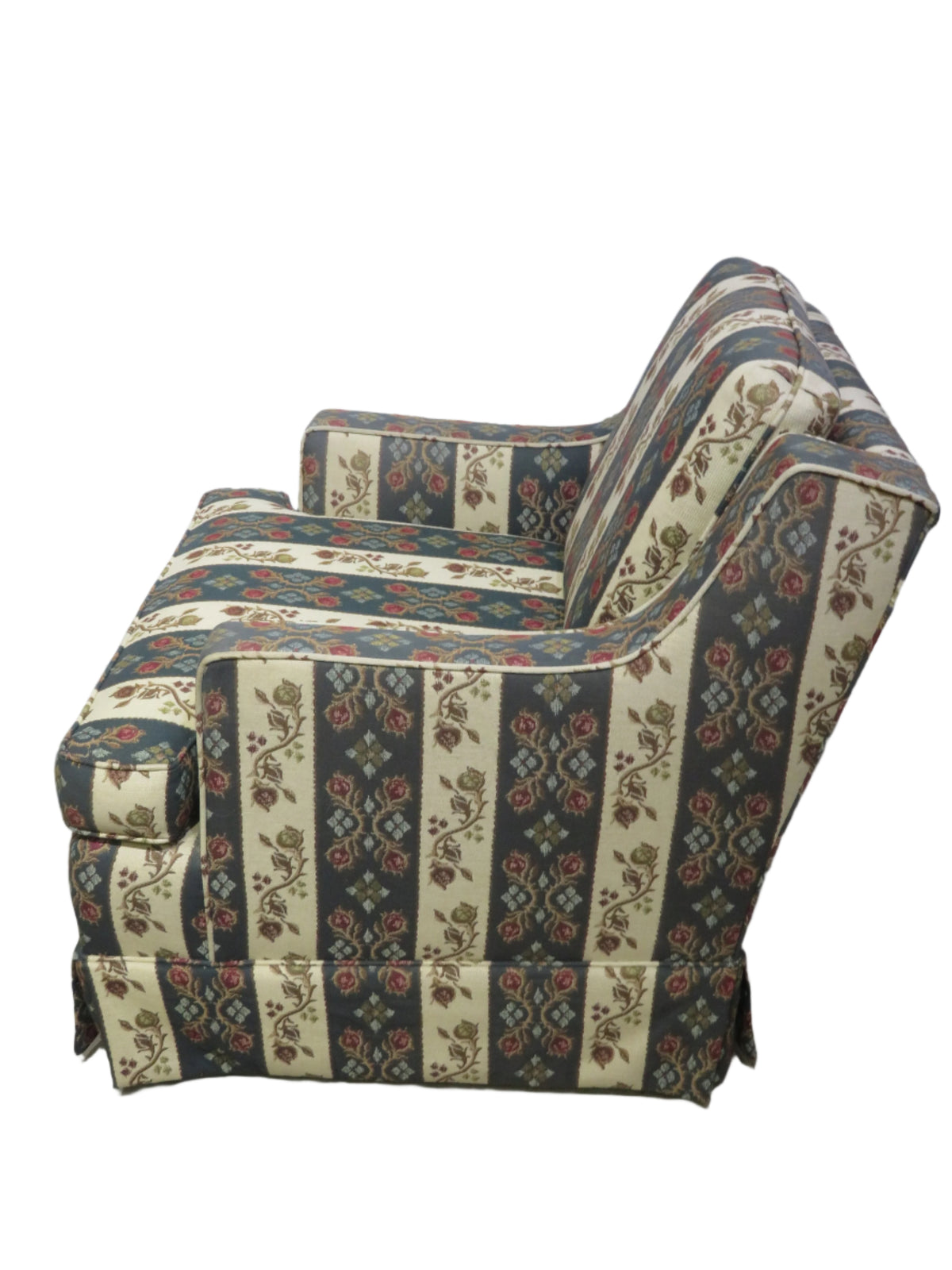 Green and White Striped Swivel Armchair with Floral Pattern