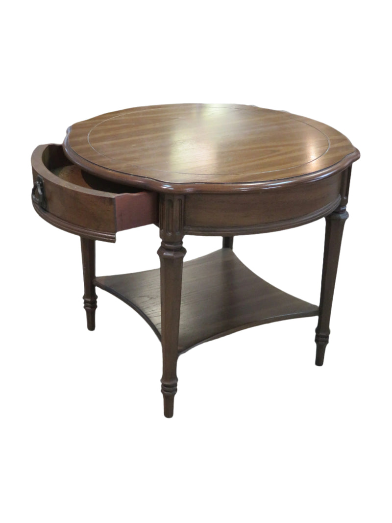 Round Side Table with Shelf and Drawer