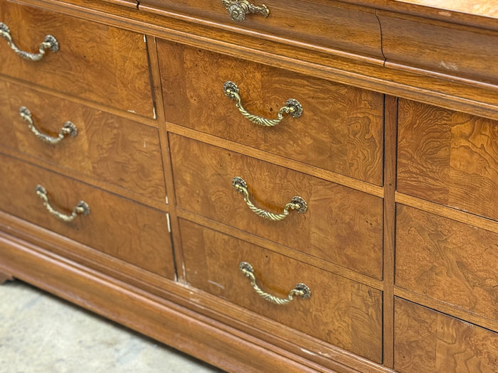 French Country Burl Wood 12 Drawer Dresser Credenza
