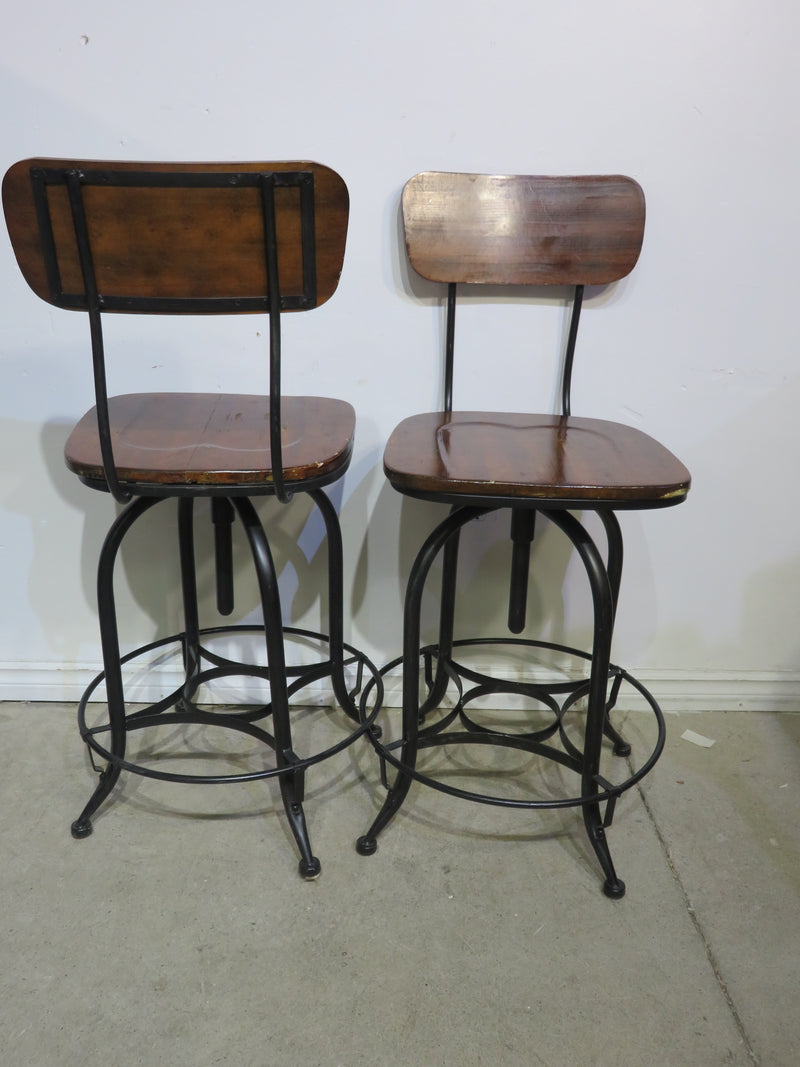 Pair - Metal & Wood Swivel Bar Chairs