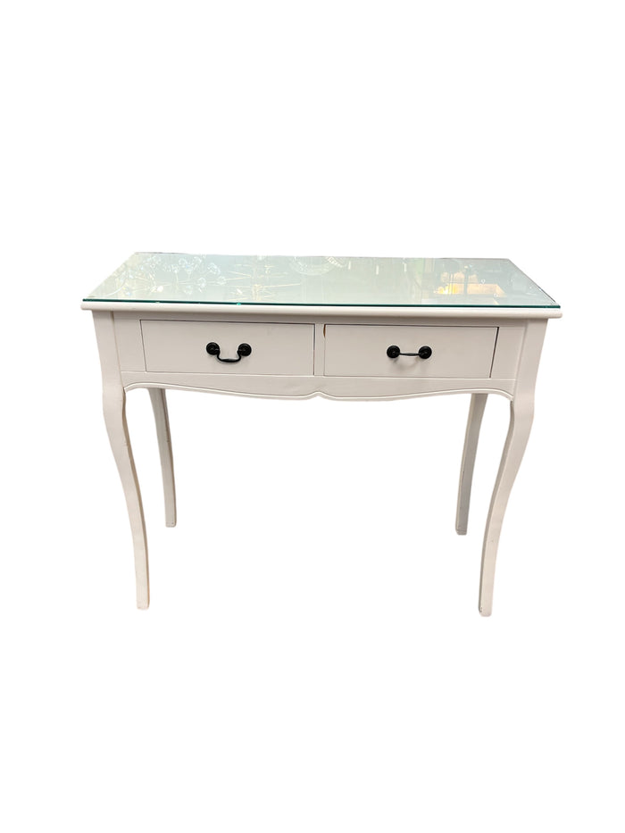 White Console Table With Glass Top & Curved Legs