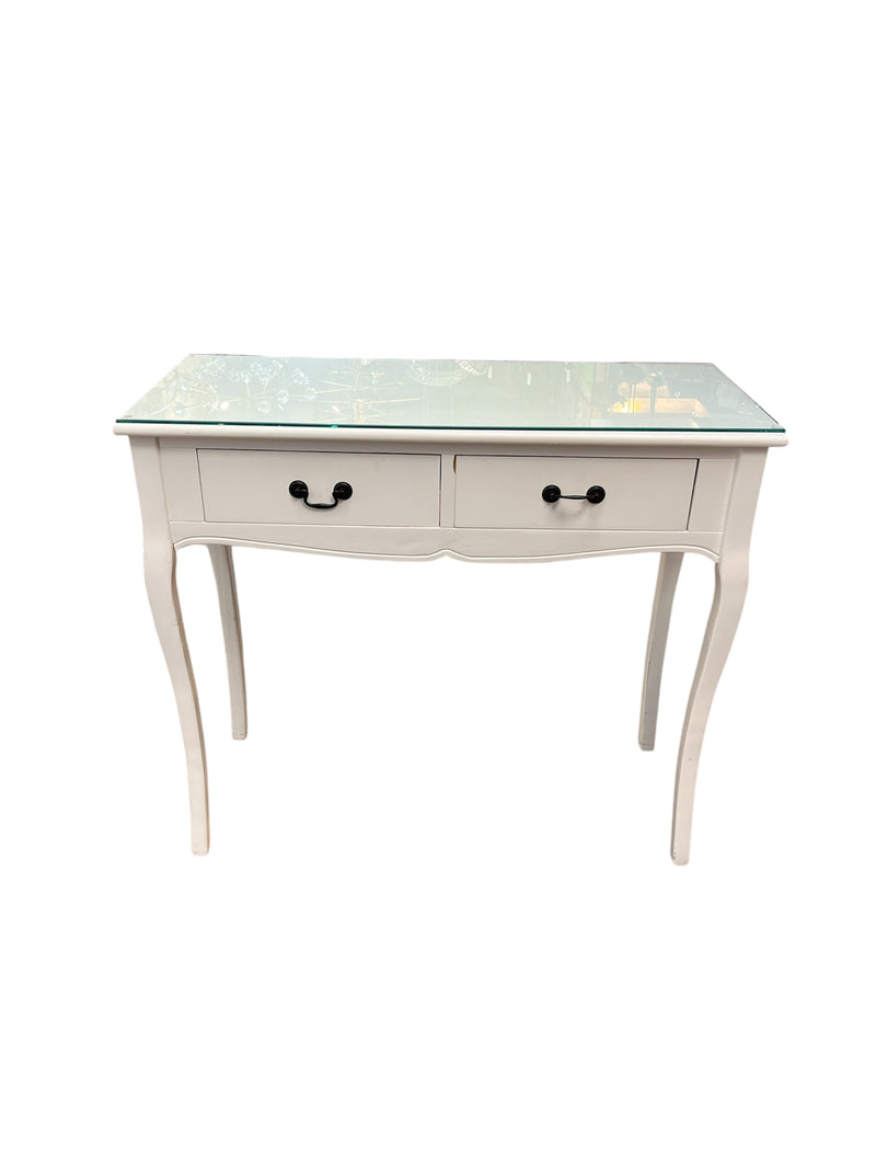 White Vanity Table With Glass Top & Curved Legs