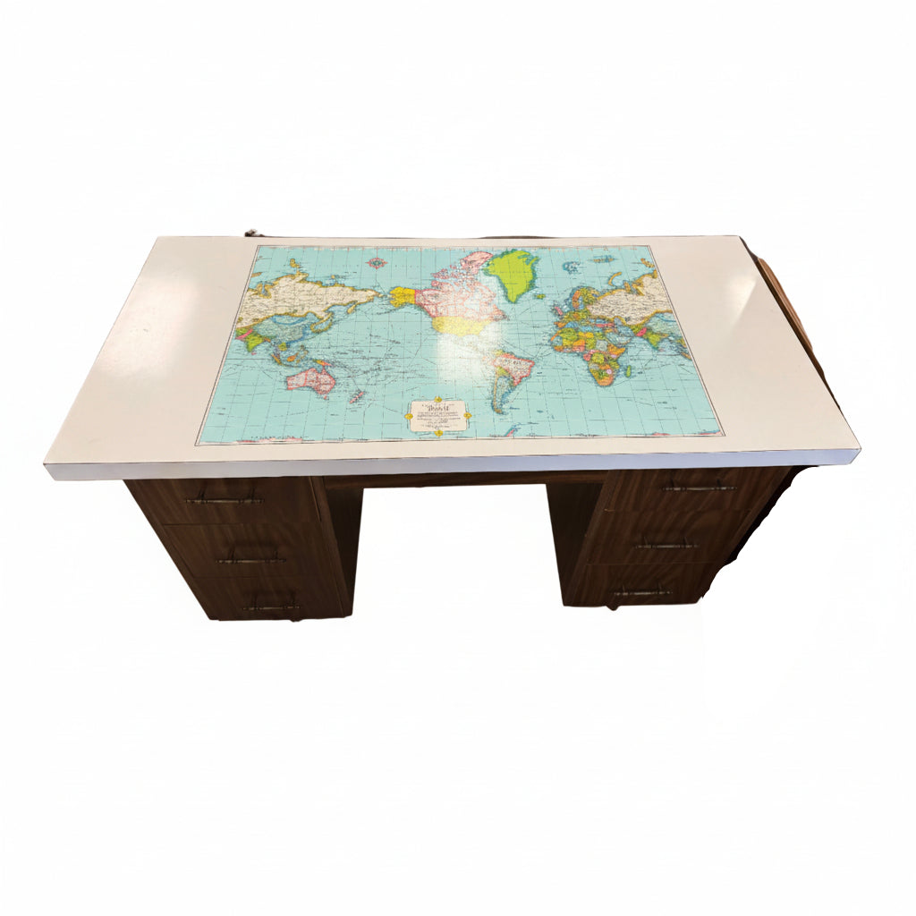 Vintage 1970s Wood Desk w/ World Map Inlay