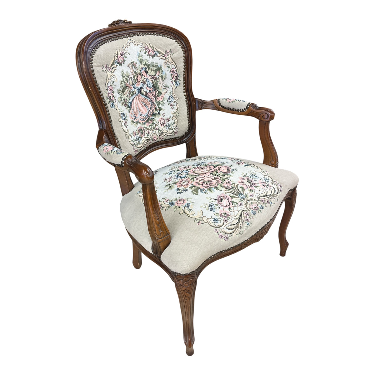 Vintage French Provincial-Inspired Tapestry Upholstered Accent Chair
