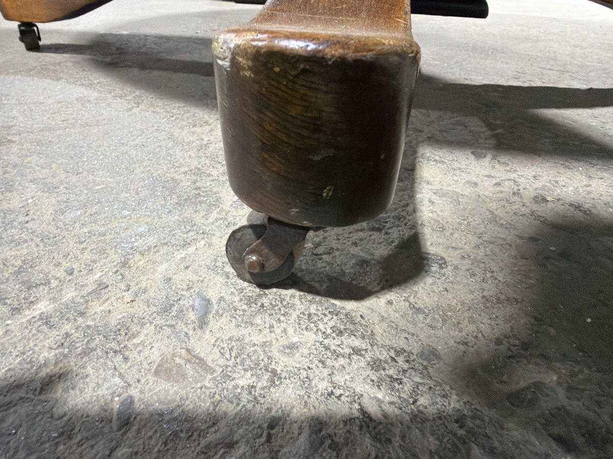 Round Vintage Oak Kitchen Pedestal Table on Original Casters