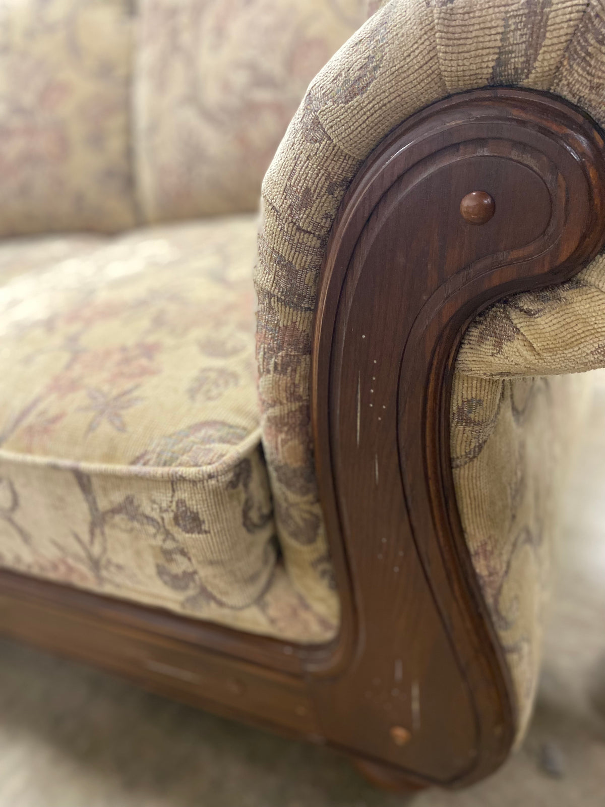 Floral And Dark Wood Sofa