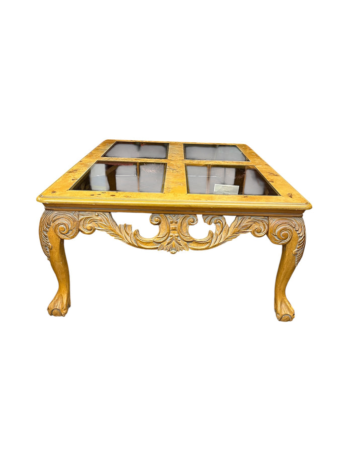 Carved Wood & Glass Coffee Table
