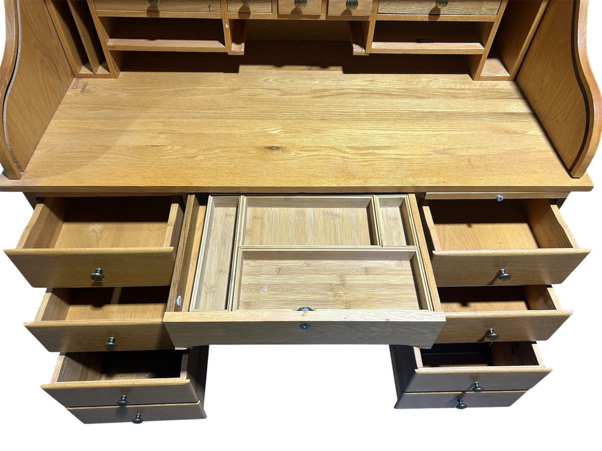 Honey-oak Roll-top Pedestal Desk