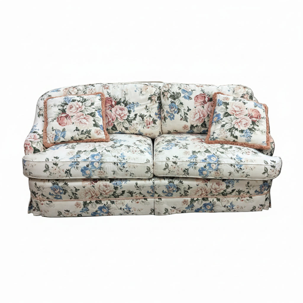 White Floral Loveseat with Throw Pillows