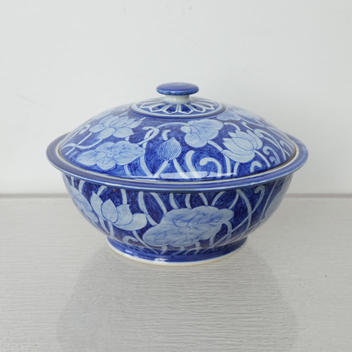 10-inch W Vintage Thai Blue & White Porcelain Lidded Bowl