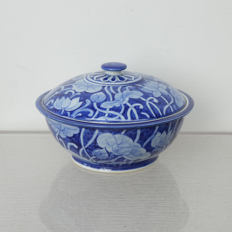 10-inch W Vintage Thai Blue & White Porcelain Lidded Bowl