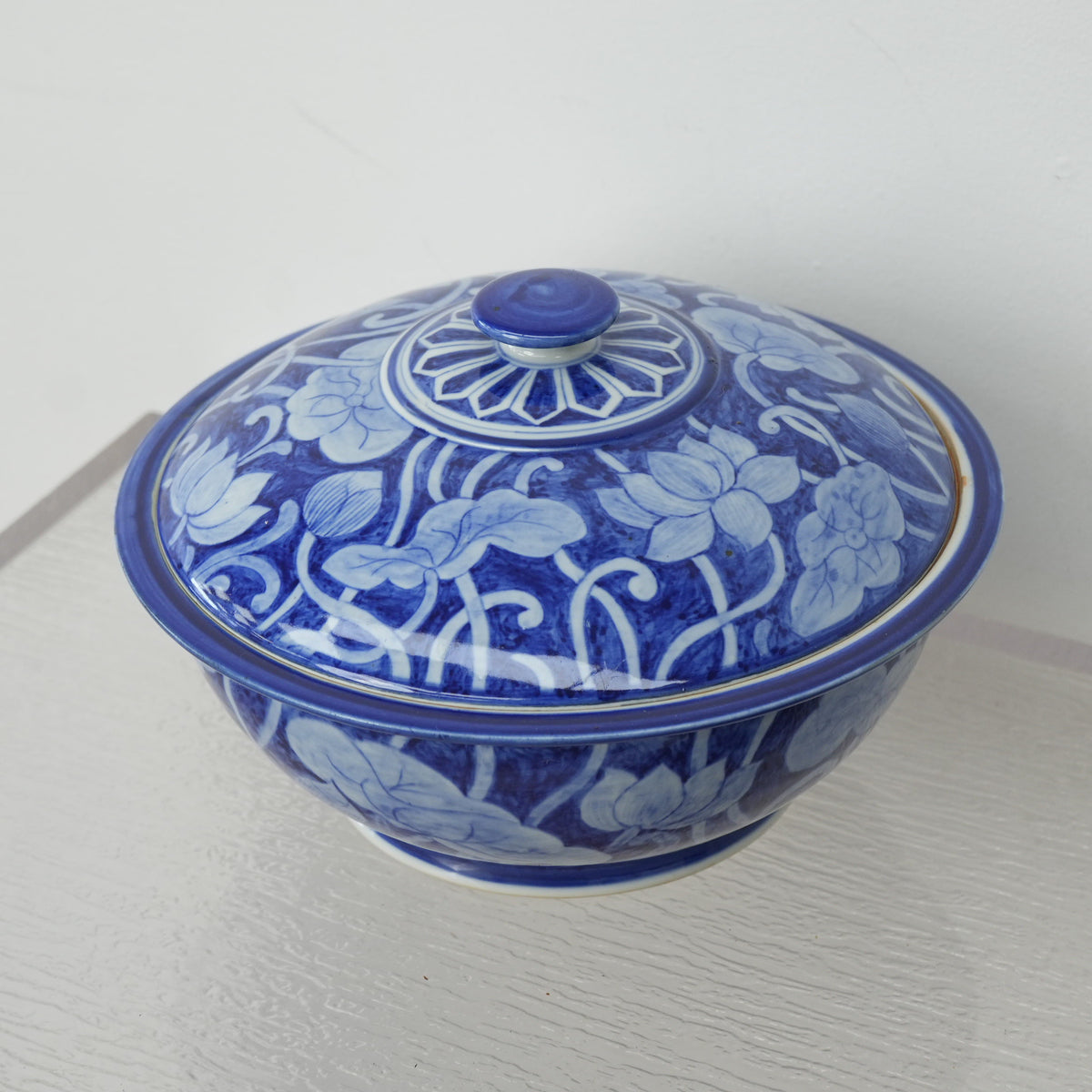 10-inch W Vintage Thai Blue & White Porcelain Lidded Bowl