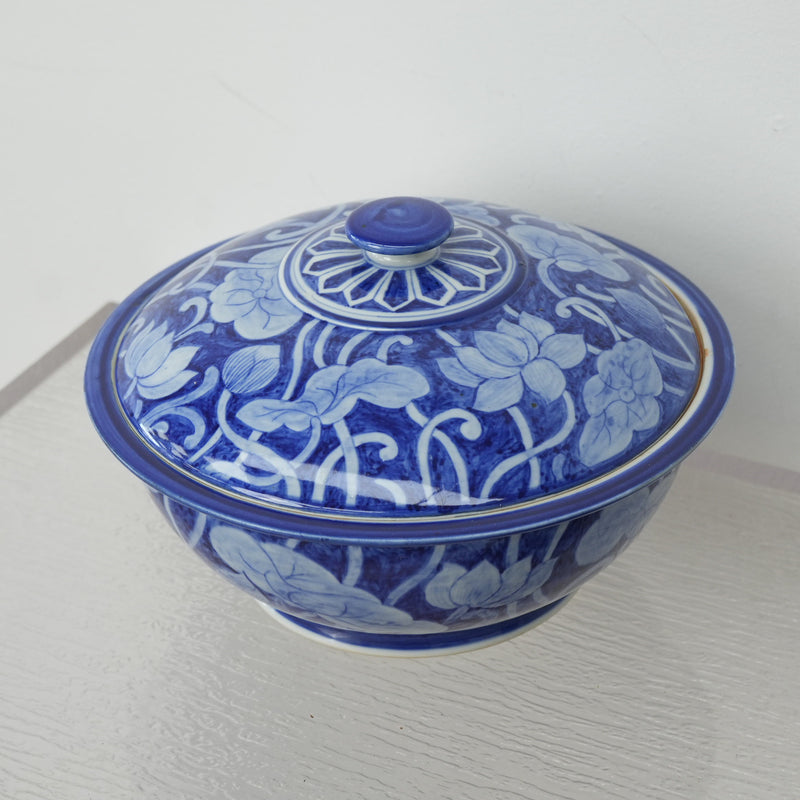 10-inch W Vintage Thai Blue & White Porcelain Lidded Bowl