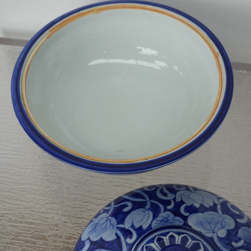 10-inch W Vintage Thai Blue & White Porcelain Lidded Bowl