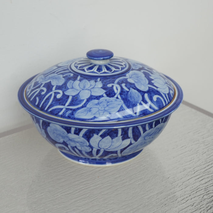 10-inch W Vintage Thai Blue & White Porcelain Lidded Bowl