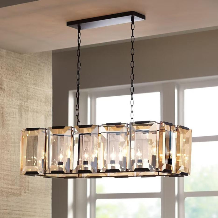 10-Light Pendant Light in Satin Black w/ Amber Glass Accents