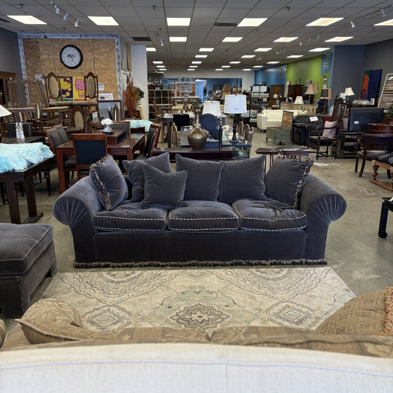 100-INCH GREY VELVET SOFA WITH DECORATIVE ROPE